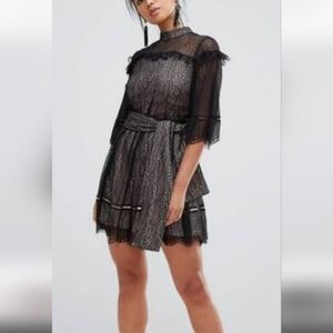 Keepsake The Label Black Lace Ruffle Mini Waist Tie Dress Size Small